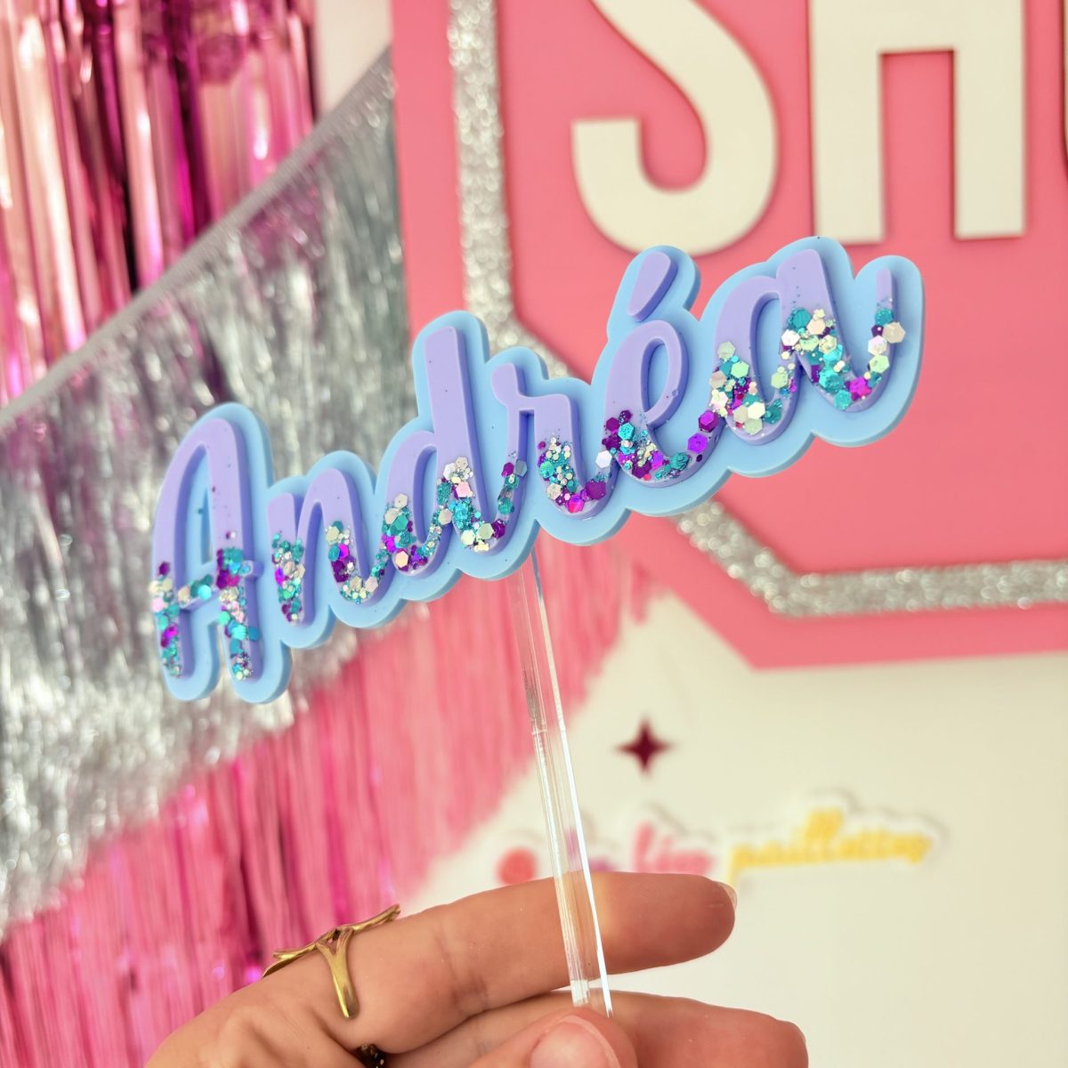 Cake topper glitter pastel bleu et lavande (Pic amovible)