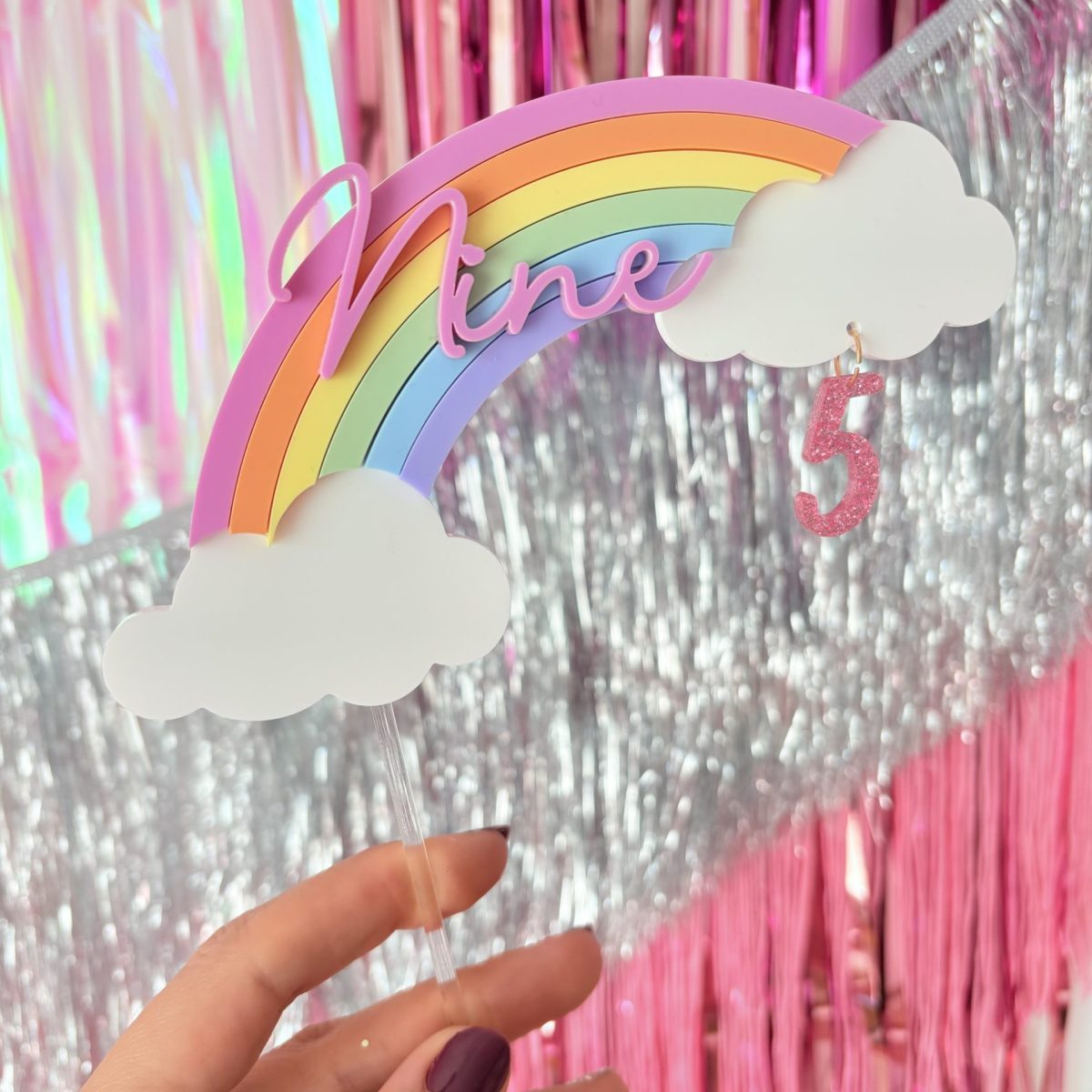 Cake topper Arc en ciel pastel avec son chiffre pailletté
