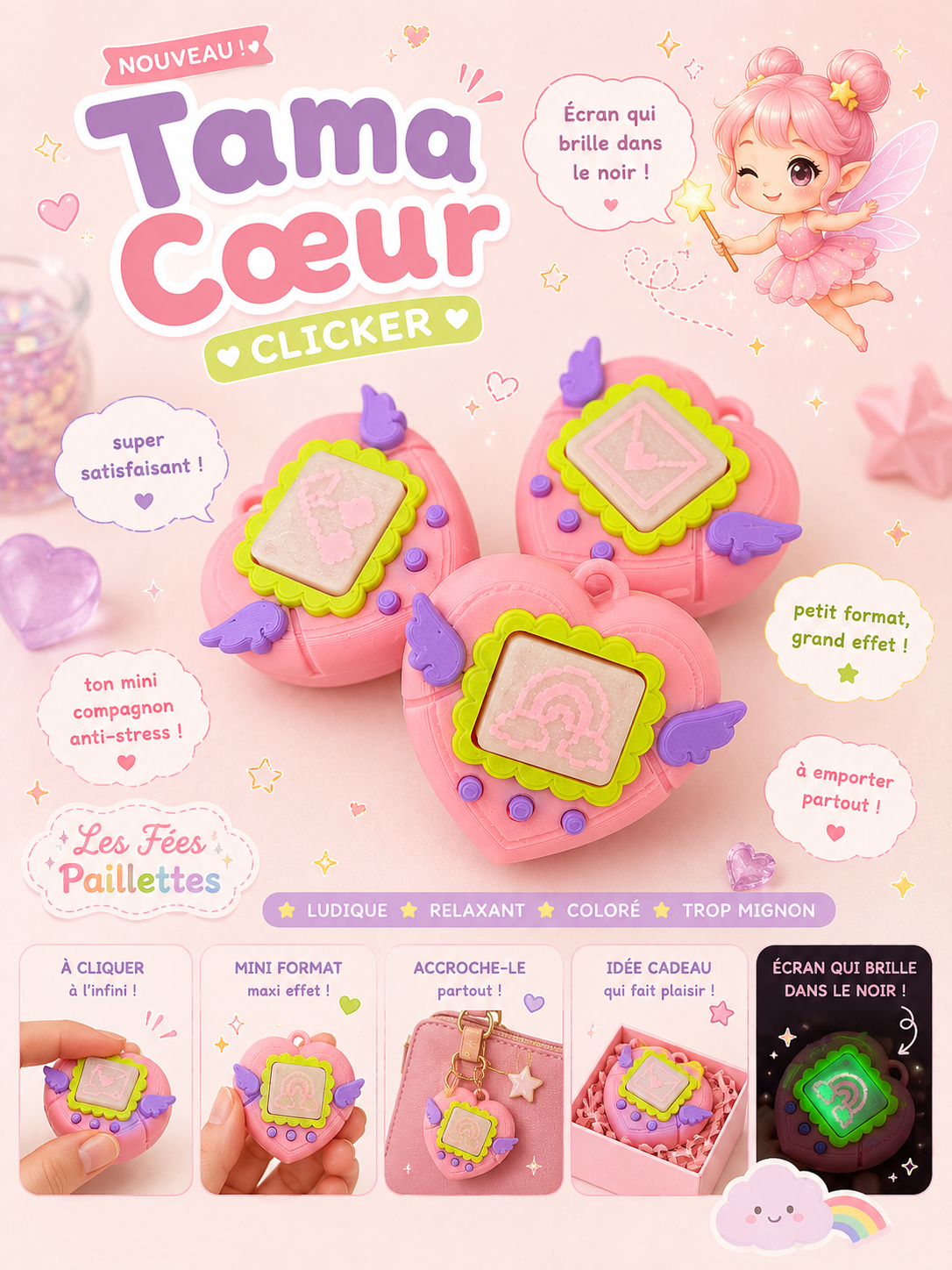 Clicker Tama coeur rose